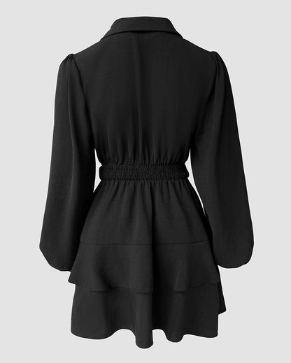 2 Pieces Outfit Notched Collar Lantern Sleeve Button Front Shirred Asymmetrical Ruffle Hem Top and Casual Elastic Waist Shorts Set With Belt