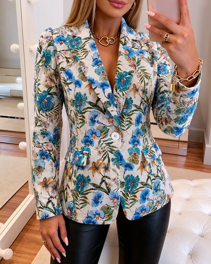 Blazer floral vintage de jacquard para mujer, elegante abrigo de solapa con cierre de un botón
