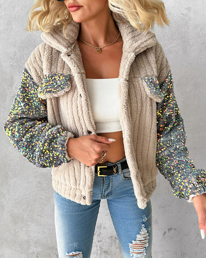 Turn-down Collar Sequin Patch Teddy Jacket