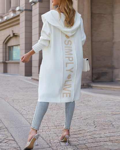 Letter Heart Pattern Long Cardigans Knitted Open Front Oversized Hooded Outerwear Sweater Coat