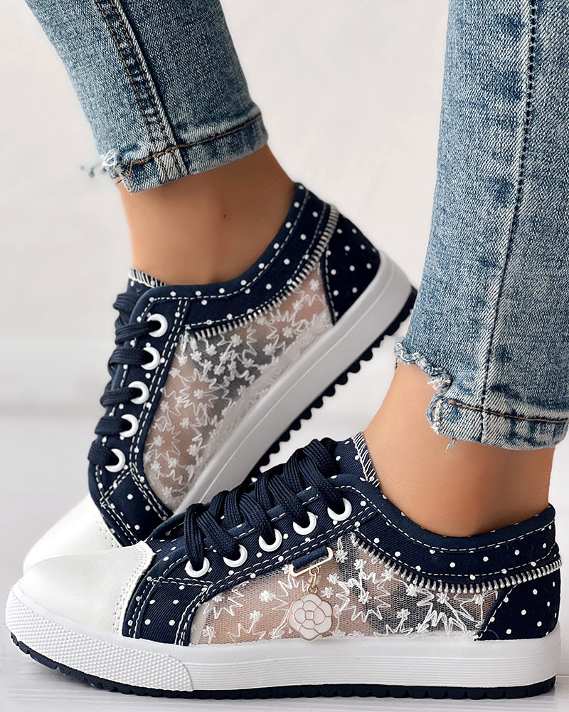 Floral Pattern Embroidery Dot Print Sneakers
