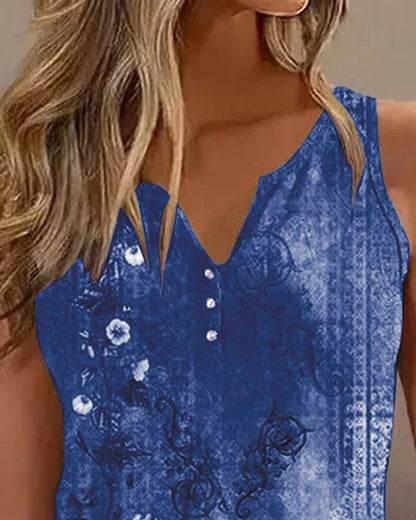 CHICME Women's Casual Floral Print Tank Top Sleeveless Notch Neck Vest with Rhinestone Accents