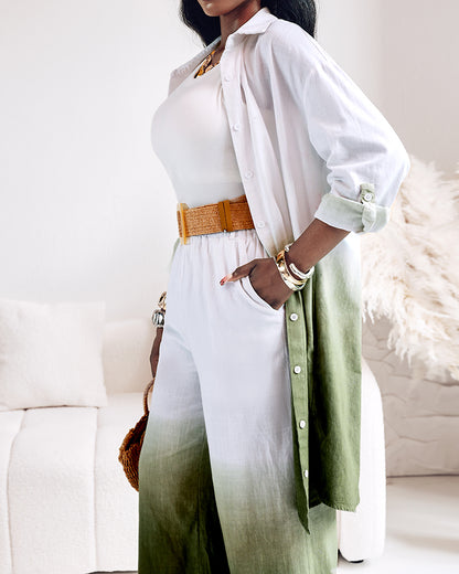 2 Pieces Outfit Ombre Print Long Sleeve Blouse And Casual High Waist Wide Leg Pants Set (Without Belt)