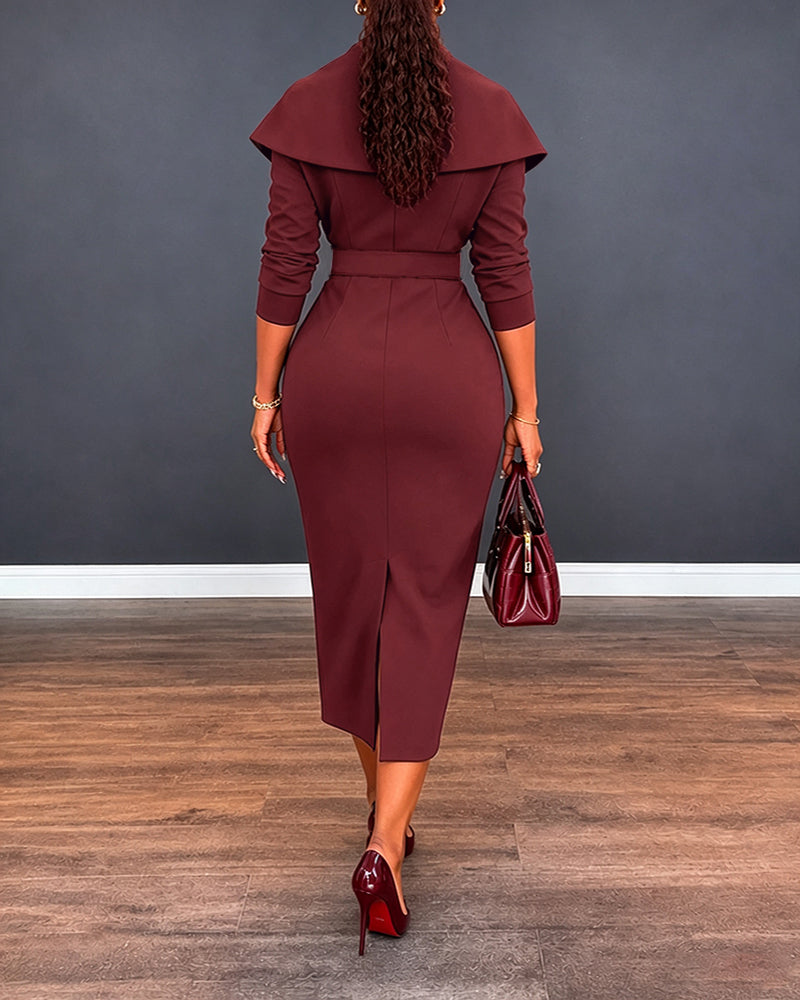 Women's Lapel Collar Wrap V-Neck Long Sleeve Slit Midi Dress with Belt