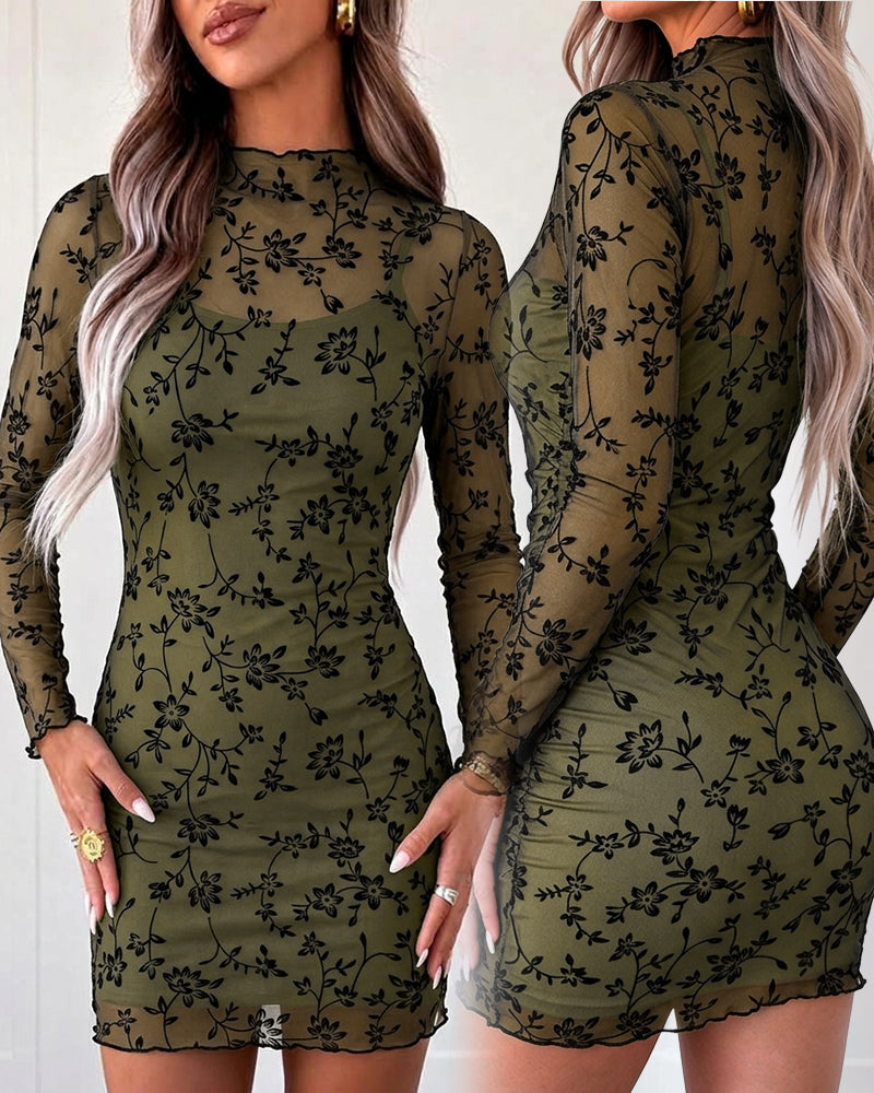 Women's Floral Flock Pattern Sheer Mesh Mock Neck Mini Dress with Cami Slip Dress