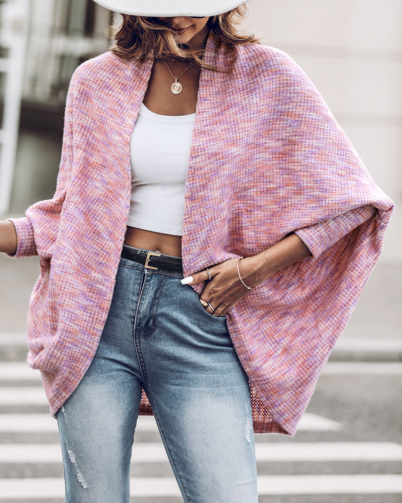 Colorful Waffle Knit Open Front Coat Batwing Long Sleeve Cardigan