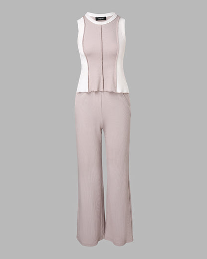 2 Pieces Outfit O-neck Slim Fit Tank Top and Drawstring Elastic Waist Straight Leg Pants Set Casual Colorblock Ribbed Set