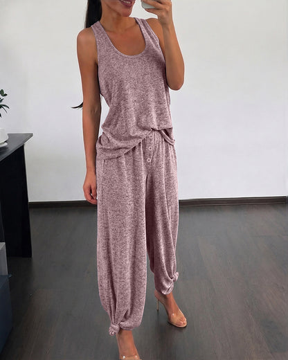 Conjunto informal de descanso de 2 piezas para mujer, con top de tirantes y cuello en U, y pantalones de pierna recta