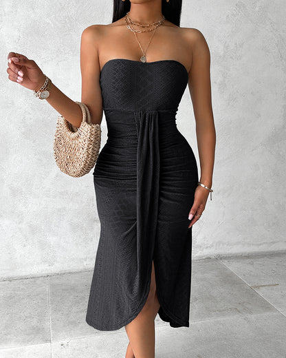 Sleeveless Ruched Cinched Waist Draped Bandeau Dress Eyelet Embroidery Slit Asymmetrical Hem Vacation Dress