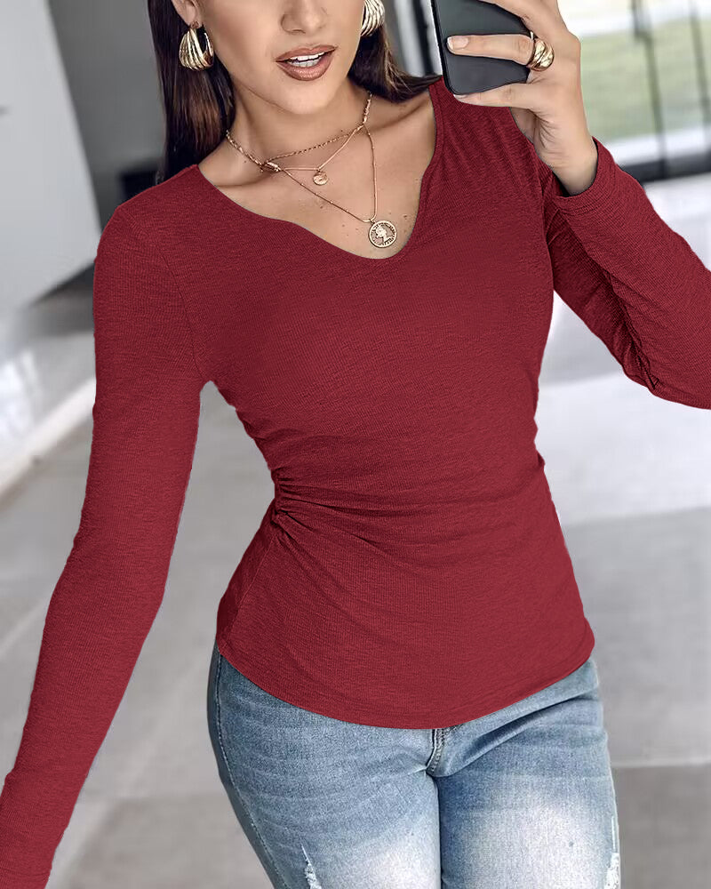 Chicme Built In Bra Notch Neck Long Sleeve Shirts Rib Knit Ruched Waist Top