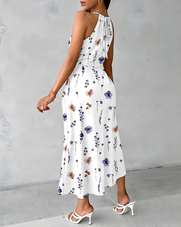Watercolor Ditsy Floral Print Halter Tie Hollow-out Criss Cross Spliced Front Ruched Dress Casual Draped Slit Front Vacation Dress