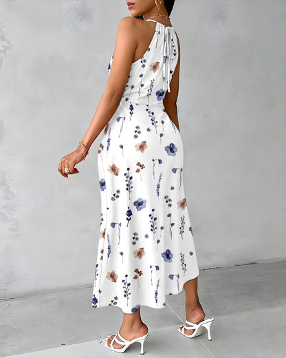 Watercolor Ditsy Floral Print Halter Tie Hollow-out Criss Cross Spliced Front Ruched Dress Casual Draped Slit Front Vacation Dress
