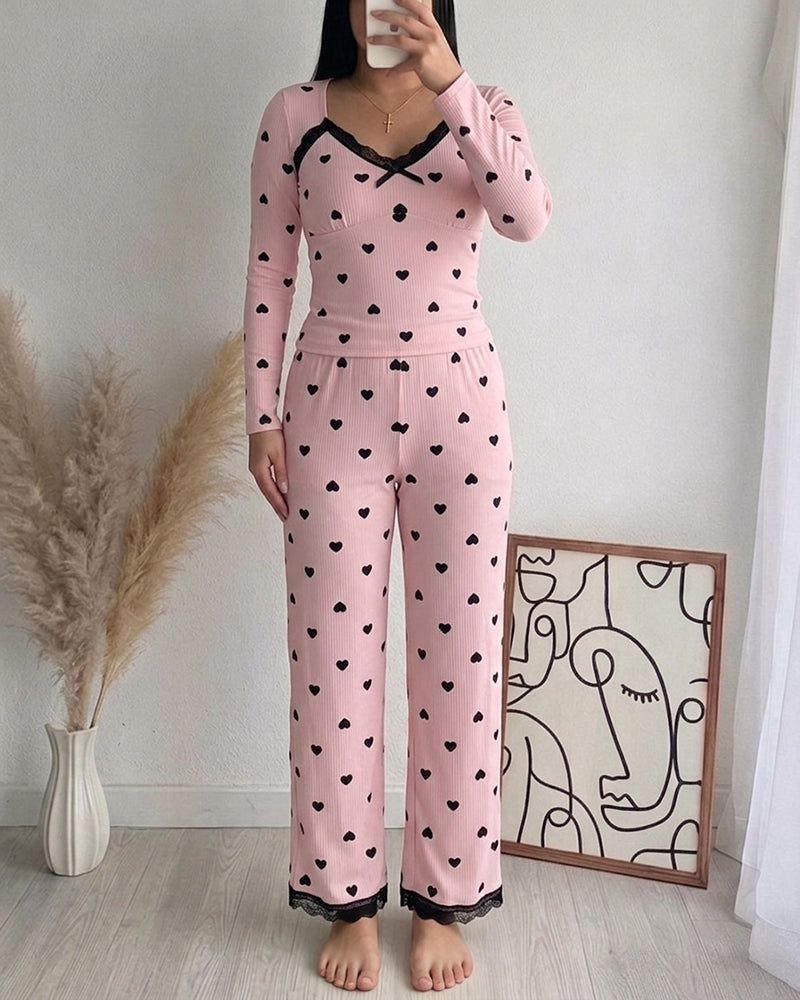 Women's Heart Print Lace Trim Ribbed Loungewear Set Long Sleeve Top and Wide Leg Pants Sweet Pajama Set