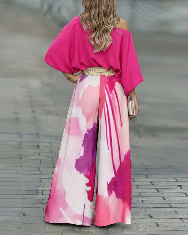 2 Pieces Outfit Skew Neck Batwing Sleeve Stretchy Hem Top and Casual Watercolor Ink Splash Print Zipper Fly Elastic Back Waist Wide Leg Pants Set without Belt