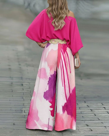 2 Pieces Outfit Skew Neck Batwing Sleeve Stretchy Hem Top and Casual Watercolor Ink Splash Print Zipper Fly Elastic Back Waist Wide Leg Pants Set without Belt