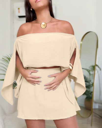 3 Pieces Outfit Solid Off Shoulder Split Sleeve Convertible Crop Top and Casual Elastic Waist Skorts Set With Bandeau(Without Belt)