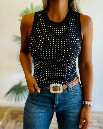 Ärmelloses T-Shirt mit Strass-Dekor, O-Ausschnitt, schmal geschnittenes, geripptes Tanktop
