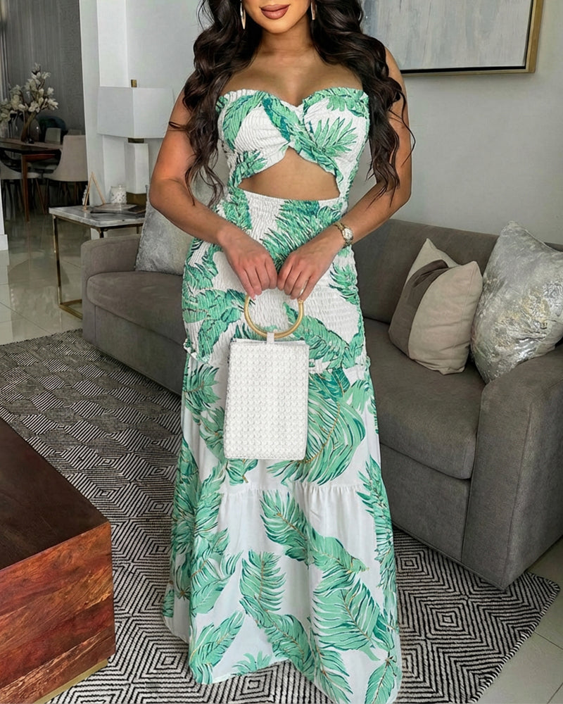 Tropical Plants Print Shirred Frill Trim Cinched Waist Ruffle Hem Tube Vacation Dress Elegant Tie Front Cutout Slim Fit Mermaid Hem Dress