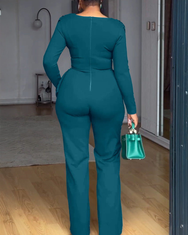 Cowl Neck Asymmetrical Textured Patchwork Cinched Waist Jumpsuit Casual Zipper Back Wide Leg Jumpsuit