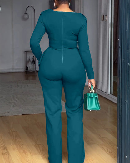 Cowl Neck Asymmetrical Textured Patchwork Cinched Waist Jumpsuit Casual Zipper Back Wide Leg Jumpsuit