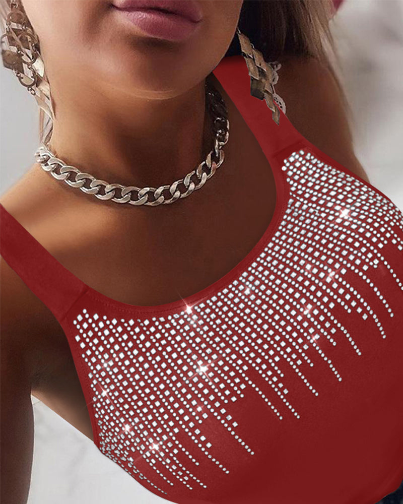 Round Neck Rhinestone Decor Skinny Tank Top