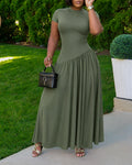 Women's Short Sleeve Crewneck Asymmetric Waist Maxi Dress Ruched A-Line Dress