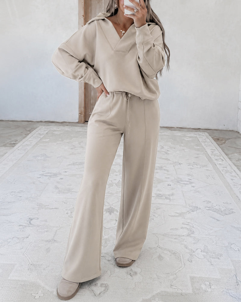 Women's Two Piece Sweatsuit Polo V Neck Pullover and Drawstring Wide Leg Pants Casual Lounge Set