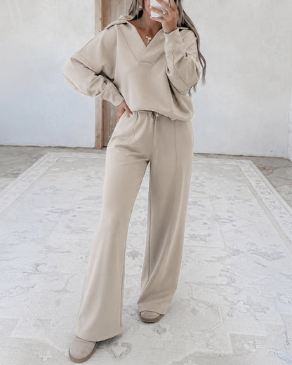 Women's Two Piece Sweatsuit Polo V Neck Pullover and Drawstring Wide Leg Pants Casual Lounge Set