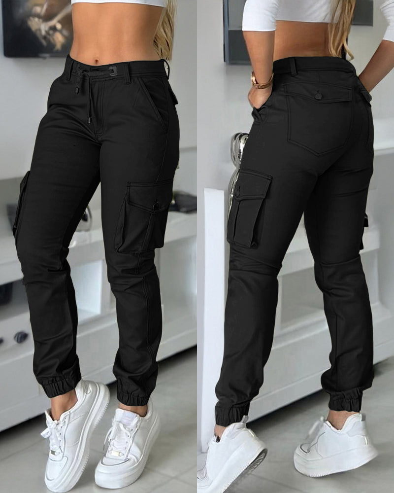 Zipper Fly Drawstring Elastic Back Waist Cuffed Trousers Casual Multiple Flap Pockets Design Cargo Pants