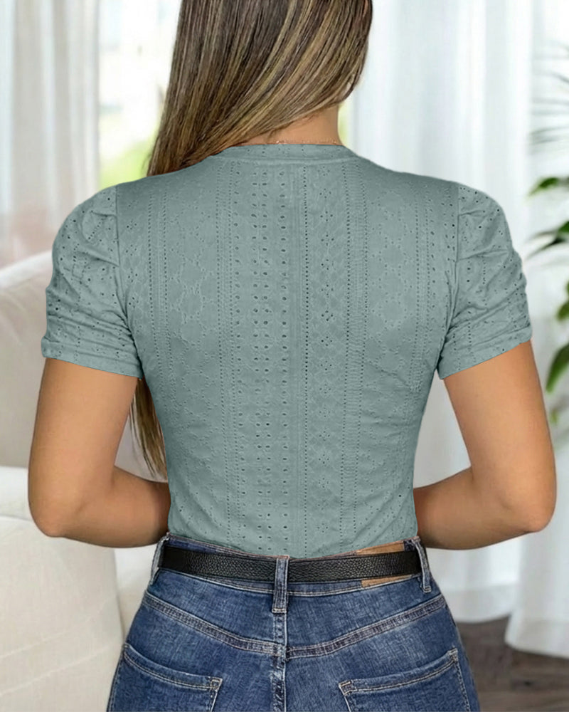 Round Neck Puff Sleeve Hollow-out Jacquard Textured Tee Slim Fit Ruched Short Sleeve Knit Top