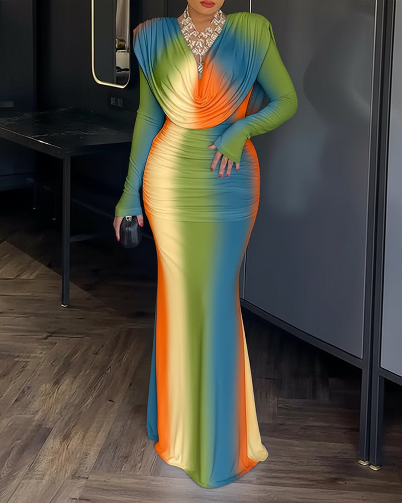 Tie Dye Print Cowl Neck Long Sleeve Backless Maxi Dress Slim Fit Zipper Back Ruched Mermaid Hem Evening Dress