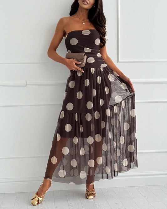 Women's Polka Dot Strapless Mesh Maxi Dress Ruched Tube Ruffle Hem Vacation Dress with Detachable Clear Straps
