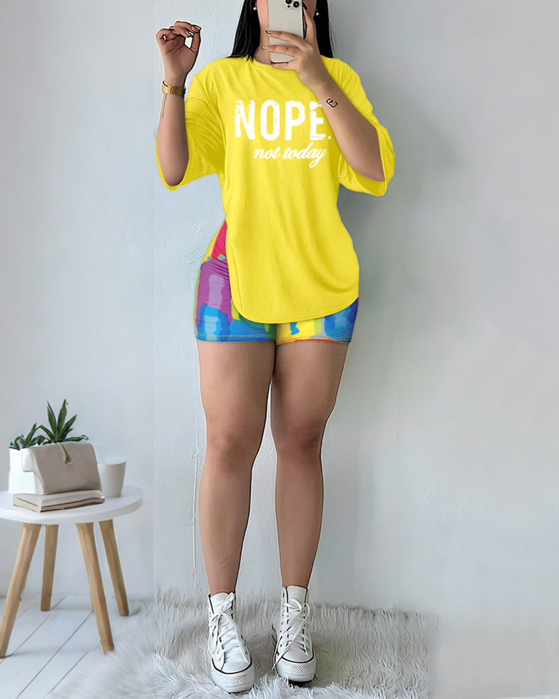 2 Pieces Outfit Letter Print Round Neck Short Sleeve Casual Top and Tie Dye Print Slim Fit Shorts Set