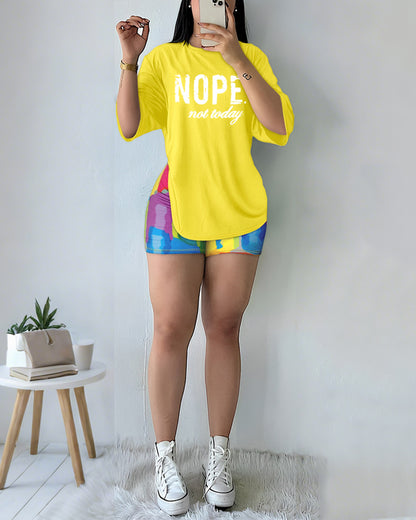 2 Pieces Outfit Letter Print Round Neck Short Sleeve Casual Top and Tie Dye Print Slim Fit Shorts Set
