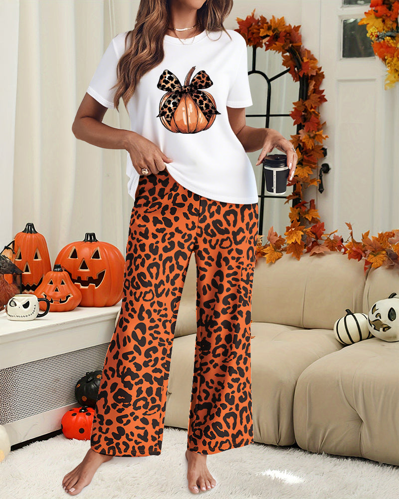 2 Pieces Outfit Pumpkin & Bowknot Print Short Sleeve Top and Leopard Print Elastic Waist Pants Set Casual Pajamas Set