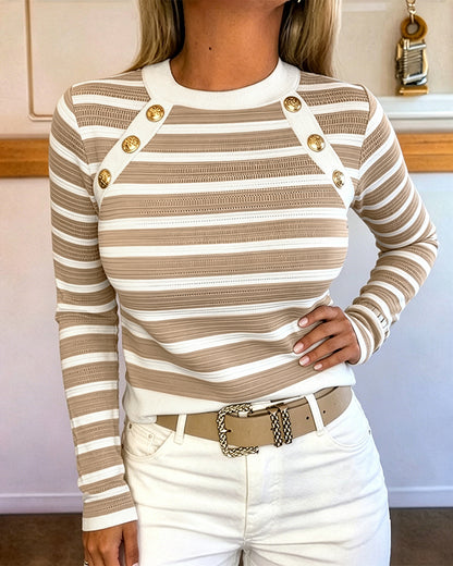 Women's Striped Knit Top Gold Button Long Sleeve Pullover Crewneck Slim Fit Knitwear Contrast Binding Sweater