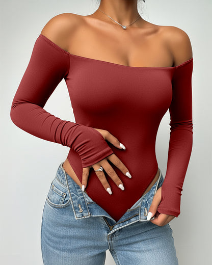 Off Shoulder Long Sleeve Slim Fit Versatile Bodysuit with Thumb Hole Cuffs