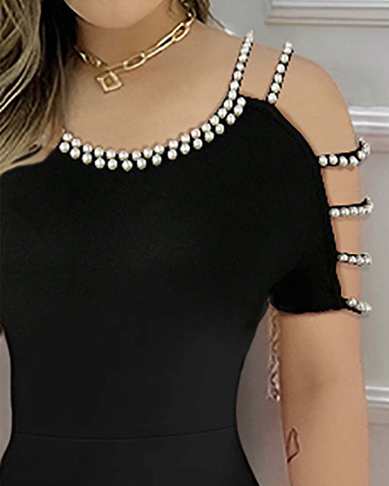 Cold Shoulder Beaded Slit Bodycon Dress Ruffle Hem Zipper Back Party Dress