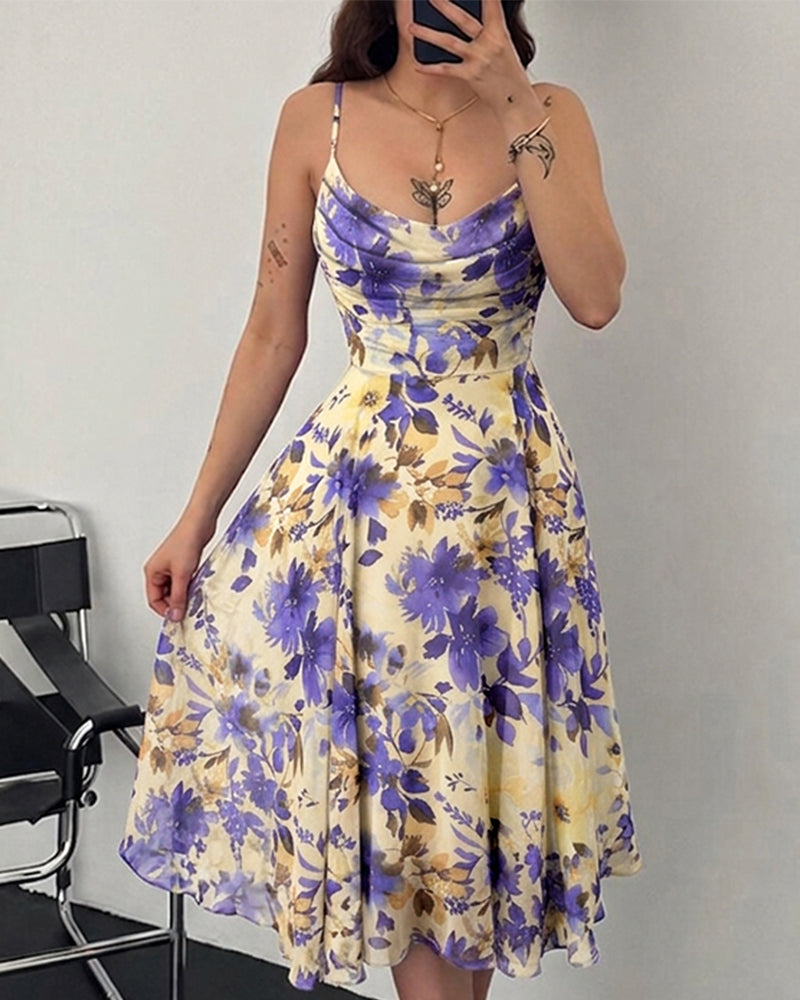 Women's Floral Cowl Neck Midi Dress Elegant Sheer Mesh Camisole Sundress Vintage A Line Dress with Lining