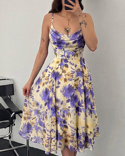 Women's Floral Cowl Neck Midi Dress Elegant Sheer Mesh Camisole Sundress Vintage A Line Dress with Lining