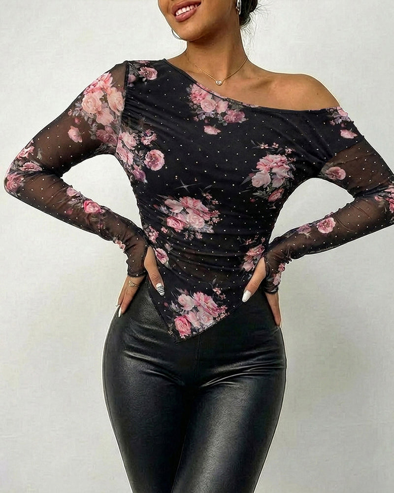 Women's Skew Neck Floral Mesh Top Rhinestone Long Sleeve Shirt Ruched Slim Fit Asymmetrical Hem Blouse with Thumbholes