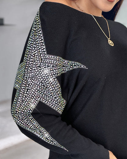 Pullover Knit Sweaters Crewneck Batwing Sleeve Rhinestone Star Pattern Top