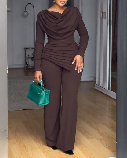 Cowl Neck Asymmetrical Textured Patchwork Cinched Waist Jumpsuit Casual Zipper Back Wide Leg Jumpsuit