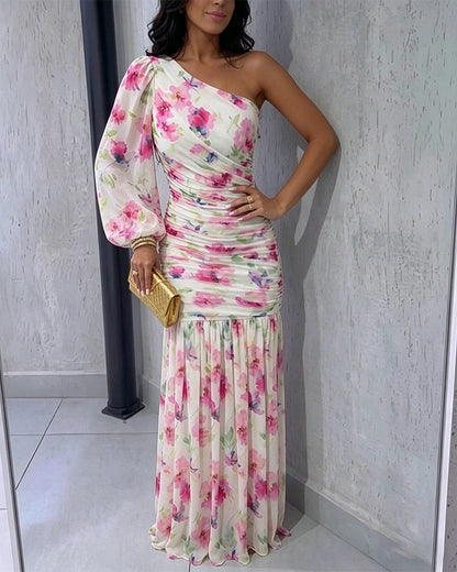 Women's Floral One Shoulder Evening Dress Elegant Lantern Sleeve Ruched Maxi Gown Casual Sheer Mesh Mermaid Dress
