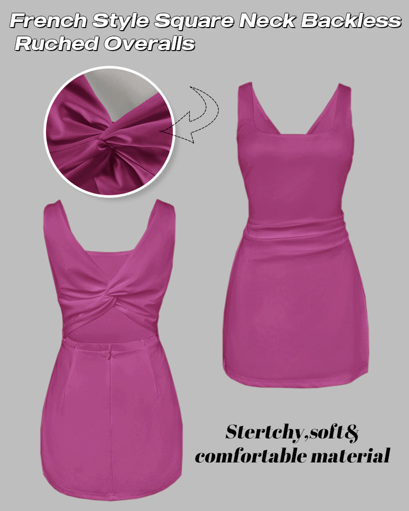 French Style Square Neck Backless Zipper Back Overalls Twist Back Ruched Slim Fit Slit Faux Two-Piece Skort Romper