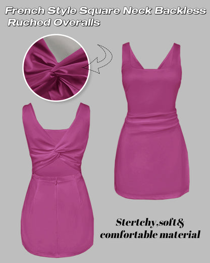 French Style Square Neck Backless Zipper Back Overalls Twist Back Ruched Slim Fit Slit Faux Two-Piece Skort Romper