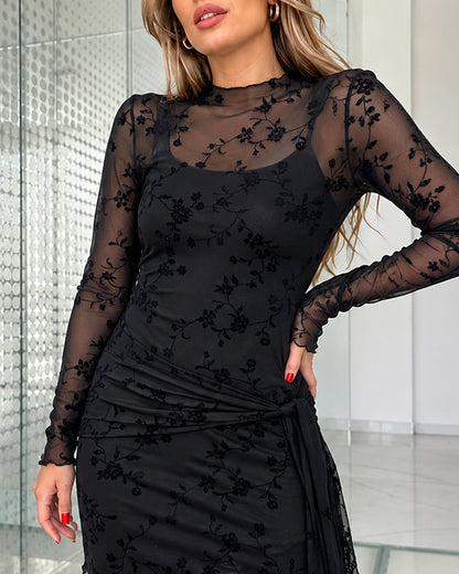 Women's 2 Piece Outfit Sheer Mesh Flocked Floral Mock Neck Tied Detail Draped Mini Dress with Camisole Slip Dress