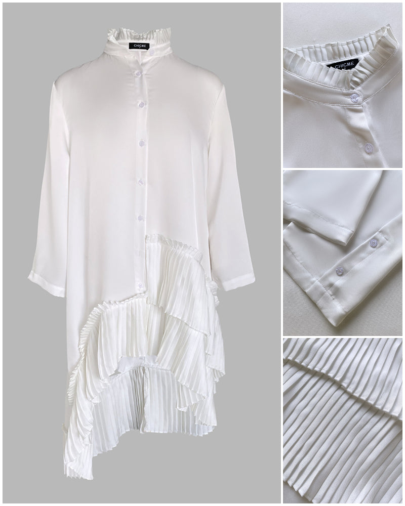 Pleated High Neck Button Down Asymmetrical Pleated Ruffle Hem Vacation Dress Casual High-Low Hem Loose Dress