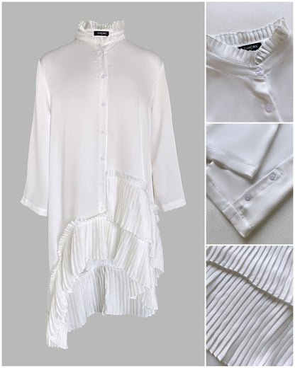 Pleated High Neck Button Down Asymmetrical Pleated Ruffle Hem Vacation Dress Casual High-Low Hem Loose Dress