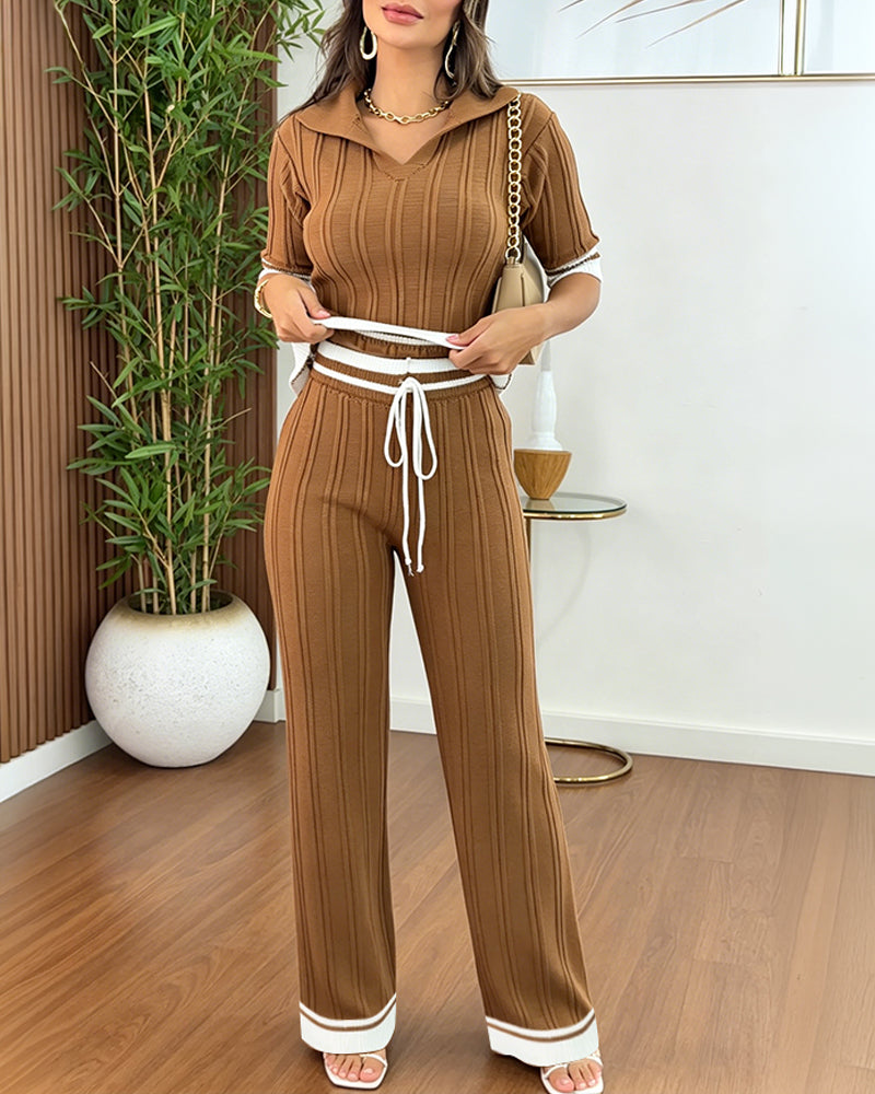 Women's Contrast Binding Two Piece Knit Set Short Sleeve Top and Drawstring Straight Leg Pants Casual Loungewear
